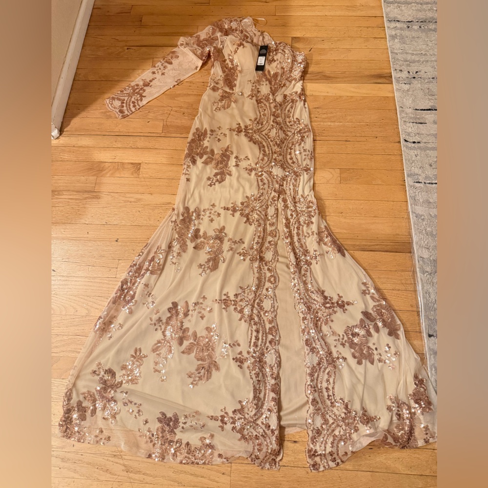 Fashion Nova Cream and Pink Floral Long Sleeve Dress